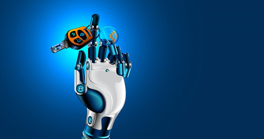 robot hand holding car key for autonomous car